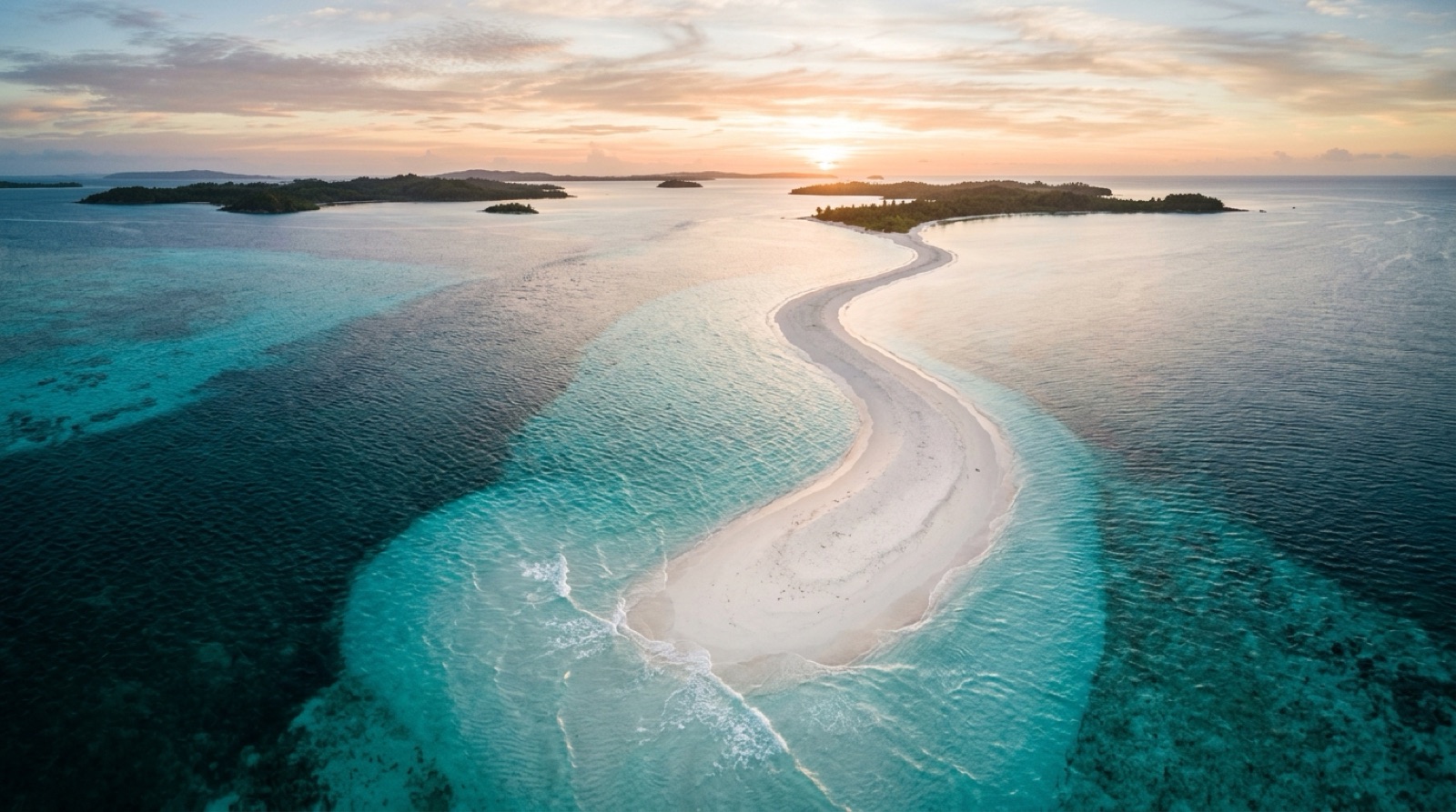 Aerial view of a white sandbar curving through turquoise shallows at dawn