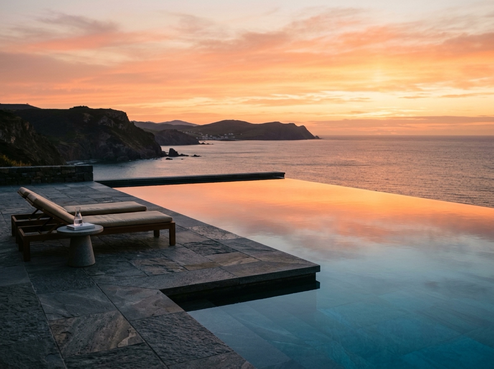 Infinity pool merging into the ocean horizon under a coral dawn sky