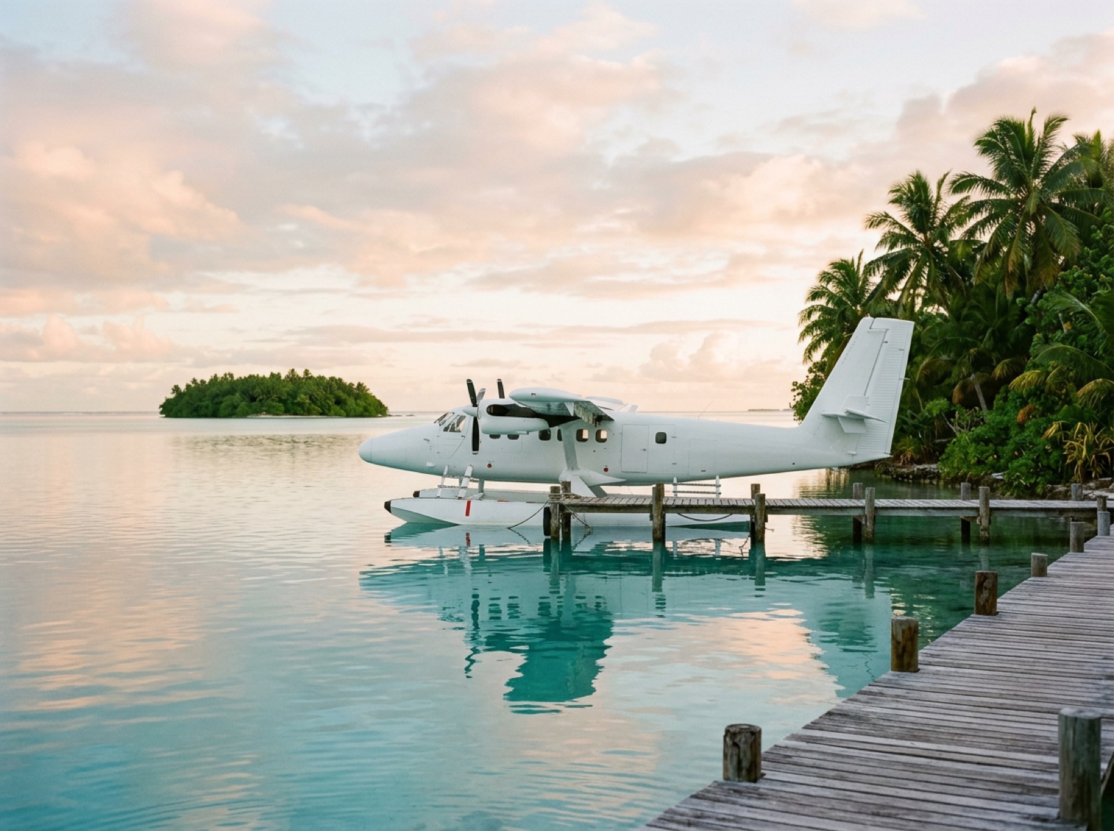 White seaplane moored at a wooden island pier over turquoise lagoon water at dawn