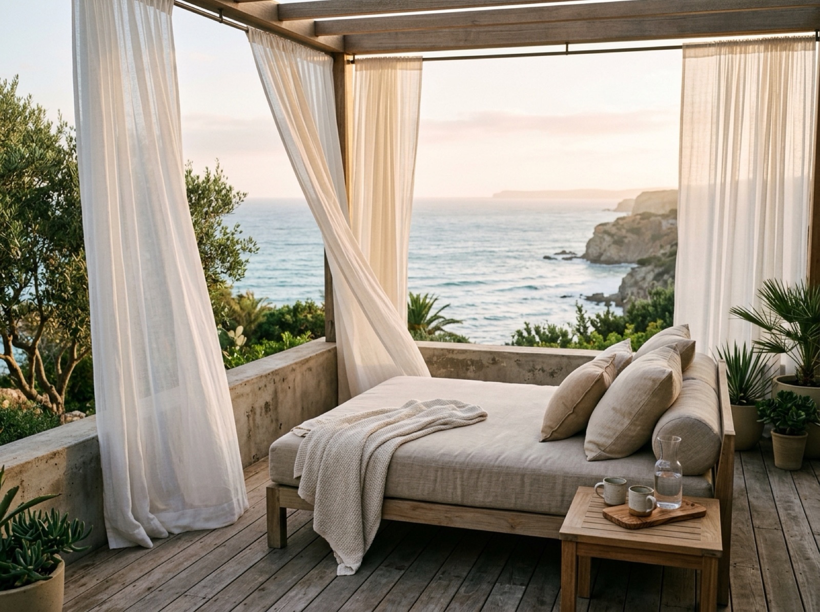 Minimalist open-air spa veranda with a daybed and sheer linen curtains in soft morning light
