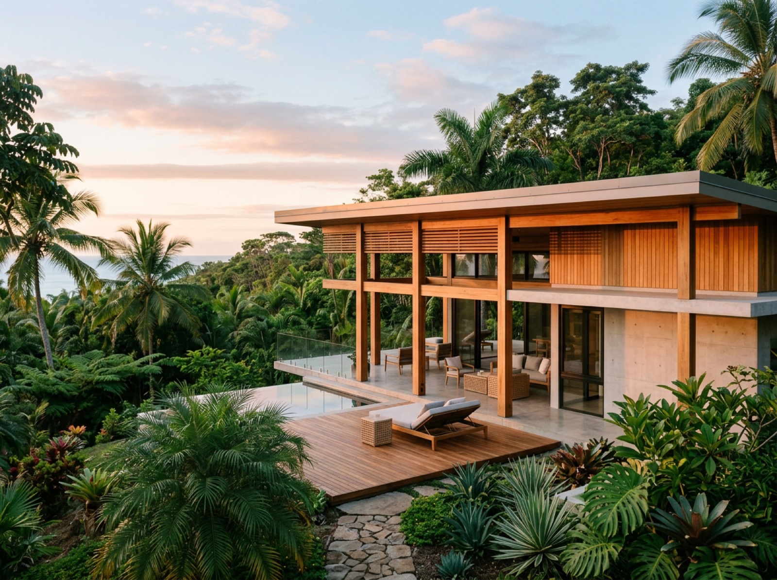 Modern tropical pavilion of warm wood and concrete among palm trees in early morning light
